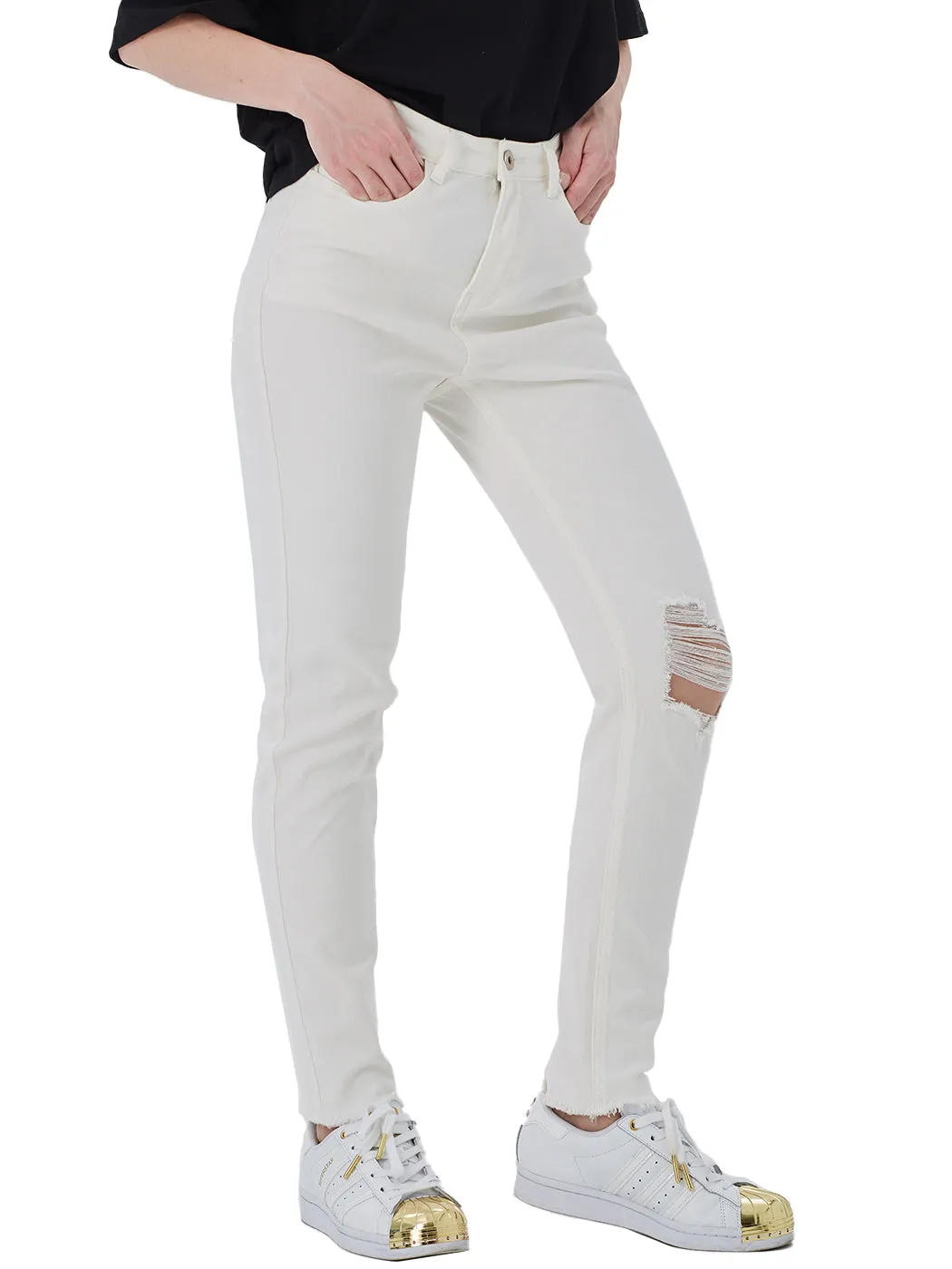 Ripped Frayed Hem Denim Stretch High Rise Skinny Ankle Jeans