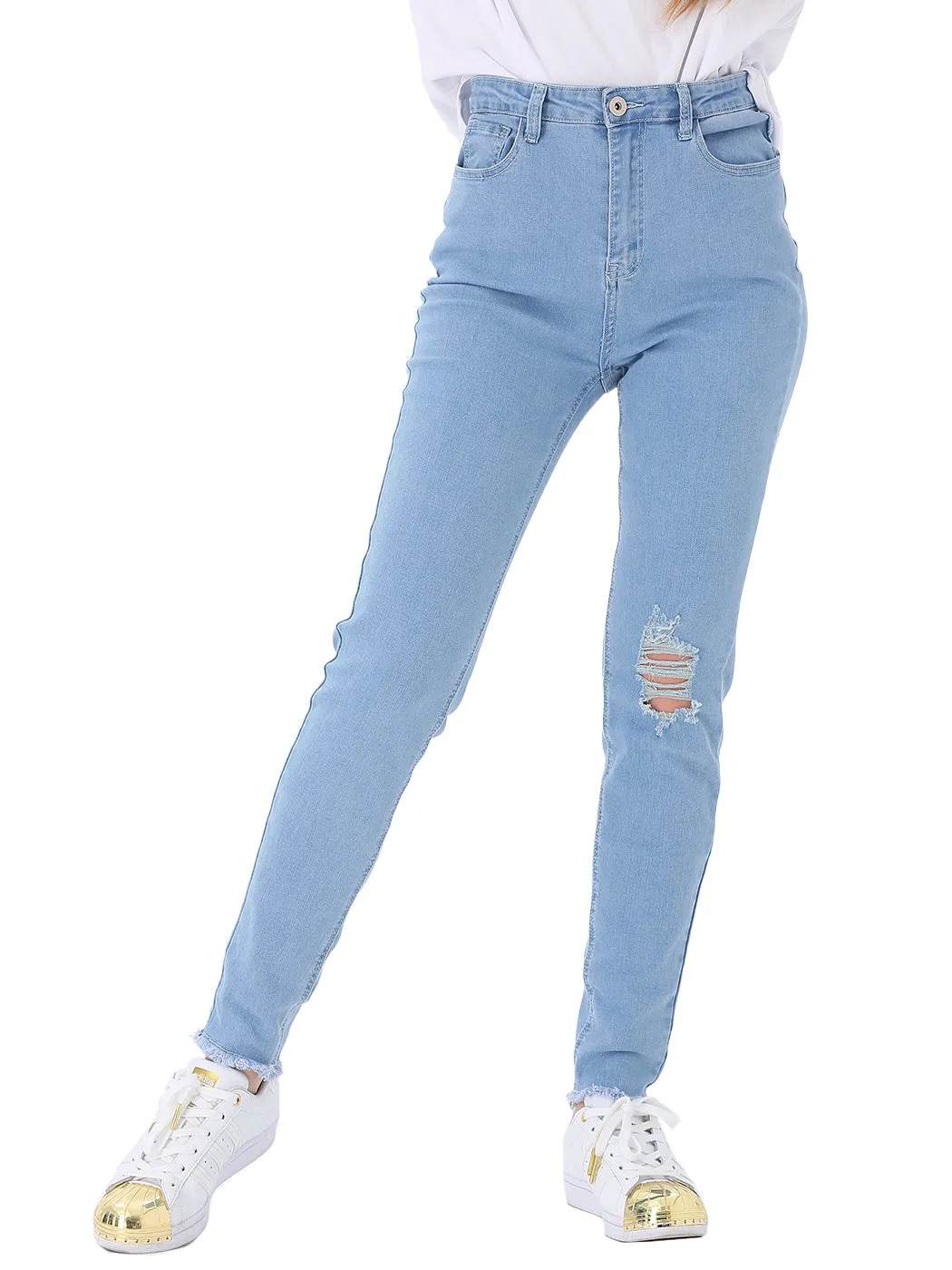 Ripped Frayed Hem Denim Stretch High Rise Skinny Ankle Jeans