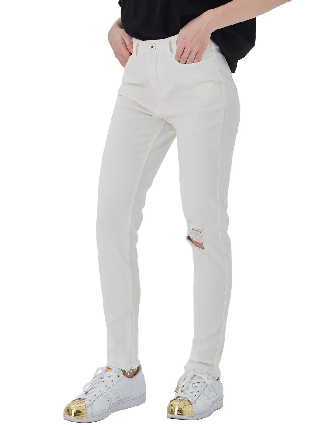 Ripped Frayed Hem Denim Stretch High Rise Skinny Ankle Jeans