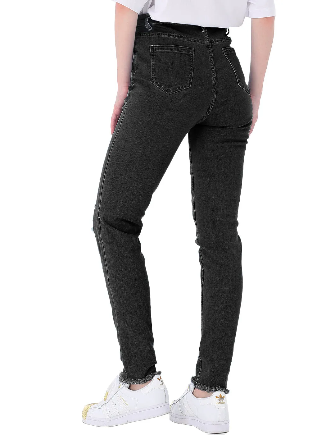Ripped Frayed Hem Denim Stretch High Rise Skinny Ankle Jeans