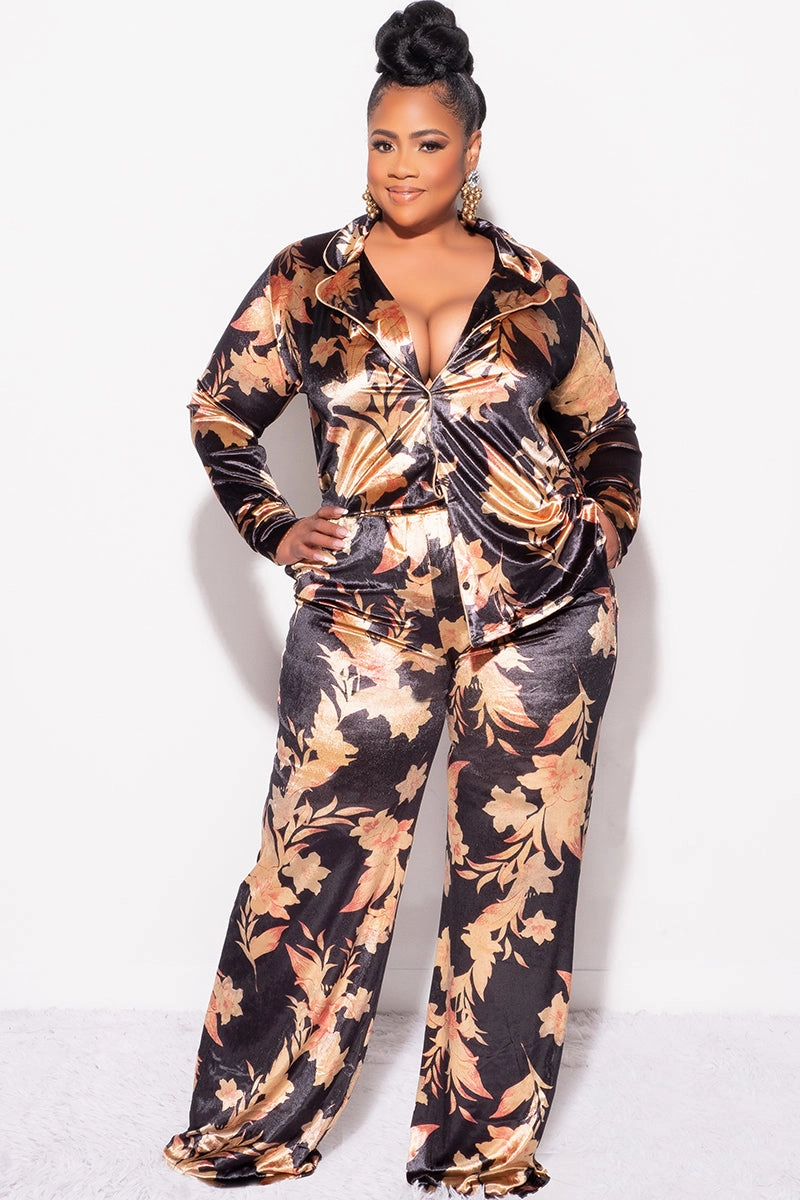 Comfy Material Breathable Style Final Sale Plus Size 2pc Silky Velvet Lounge Set in Black Floral Print