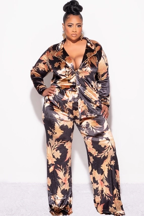 Fit Comfort SeamlessPocketDesign Final Sale Plus Size 2pc Silky Velvet Lounge Set in Black Floral Print