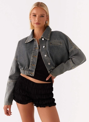 Lilith Boxy Denim Jacket - Vintage Wash Heat Retention Lining
