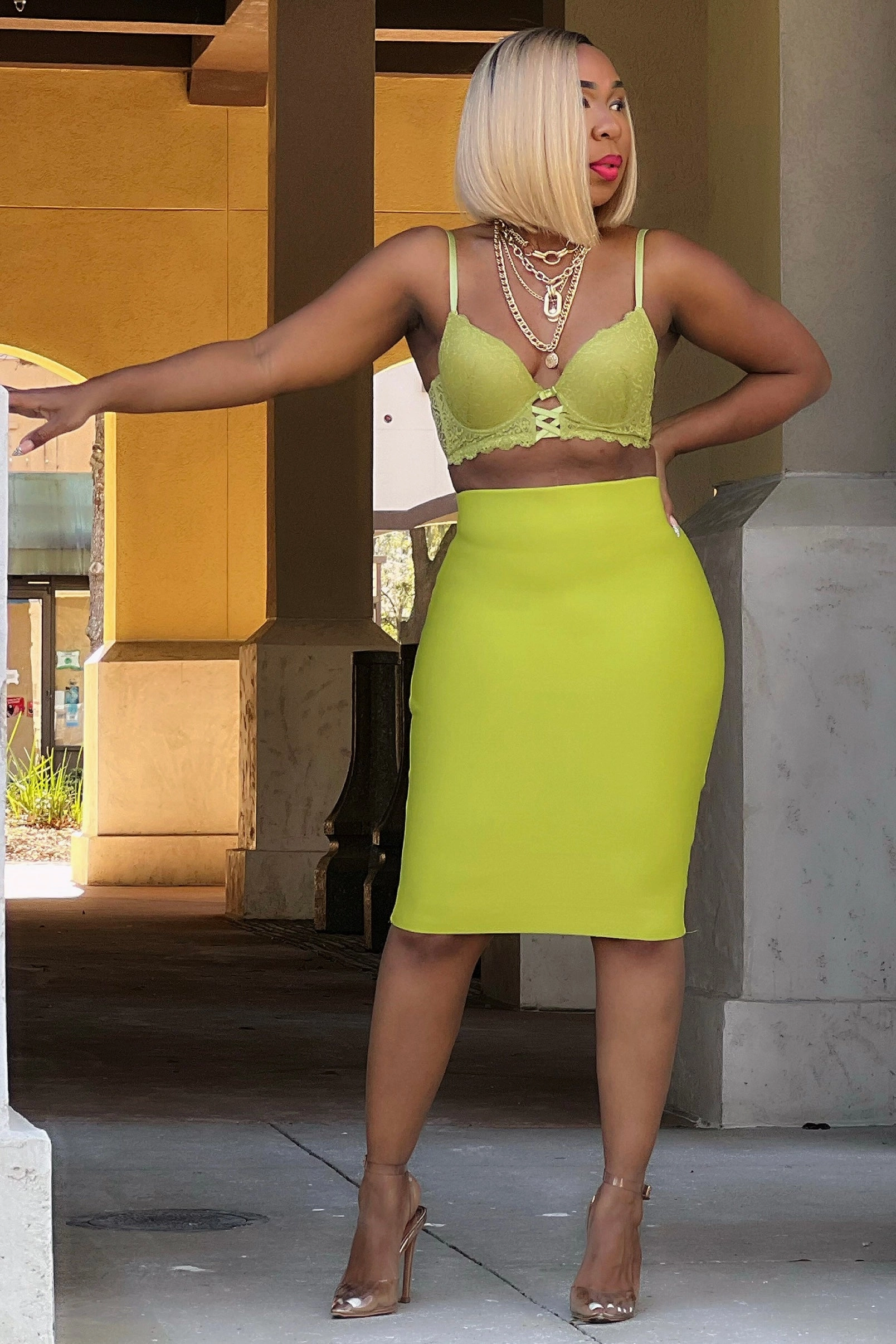 Elastic waist Comfort Wearable Robin Bandage Knit Pencil Skirt-Chartreuse