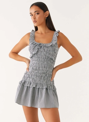 Mali Shirred Mini Dress - Checker Refined Aesthetic Sheer Overlay