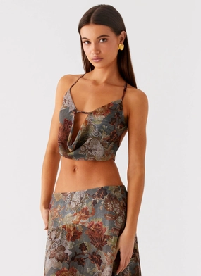 Rosewood Cowl Top - Vintage Blossom Reinforced Hem Fitted Design