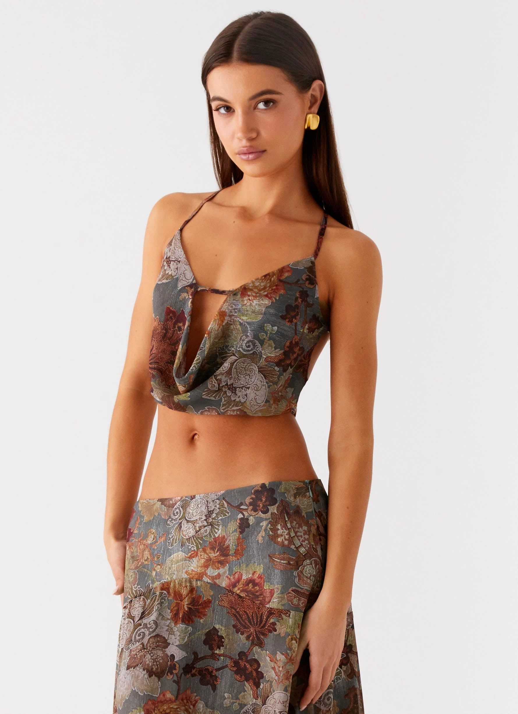 Rosewood Cowl Top - Vintage Blossom Reinforced Hem Fitted Design