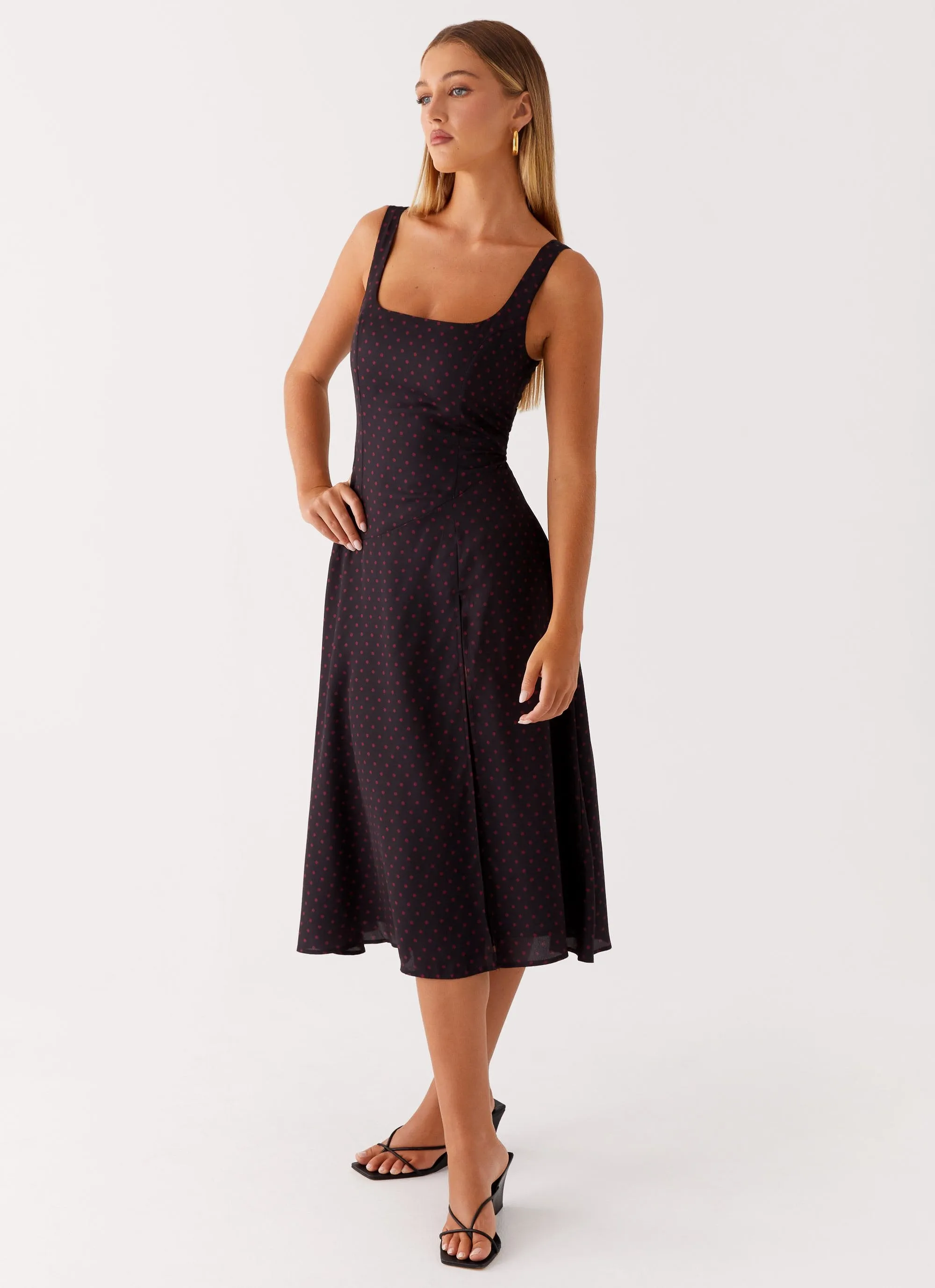 Satin-Edge Rowyn Midi Dress - Black Polka Dot