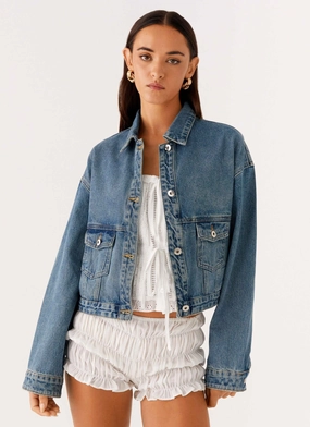 Versatile Fit Layer Functional Zip Detail Kristy Oversized Denim Jacket - Blue