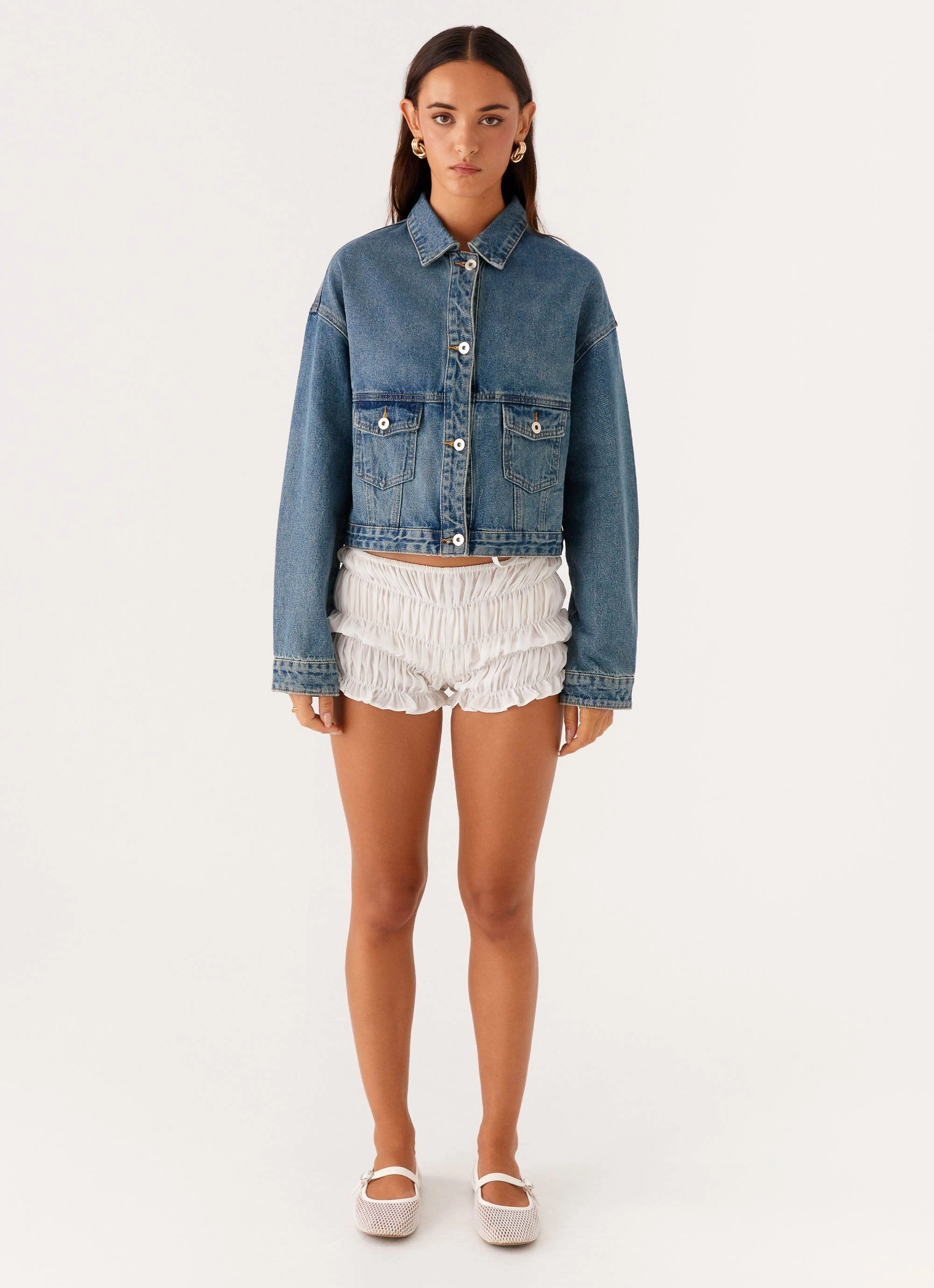 Wind Blocking Fabric Kristy Oversized Denim Jacket - Blue