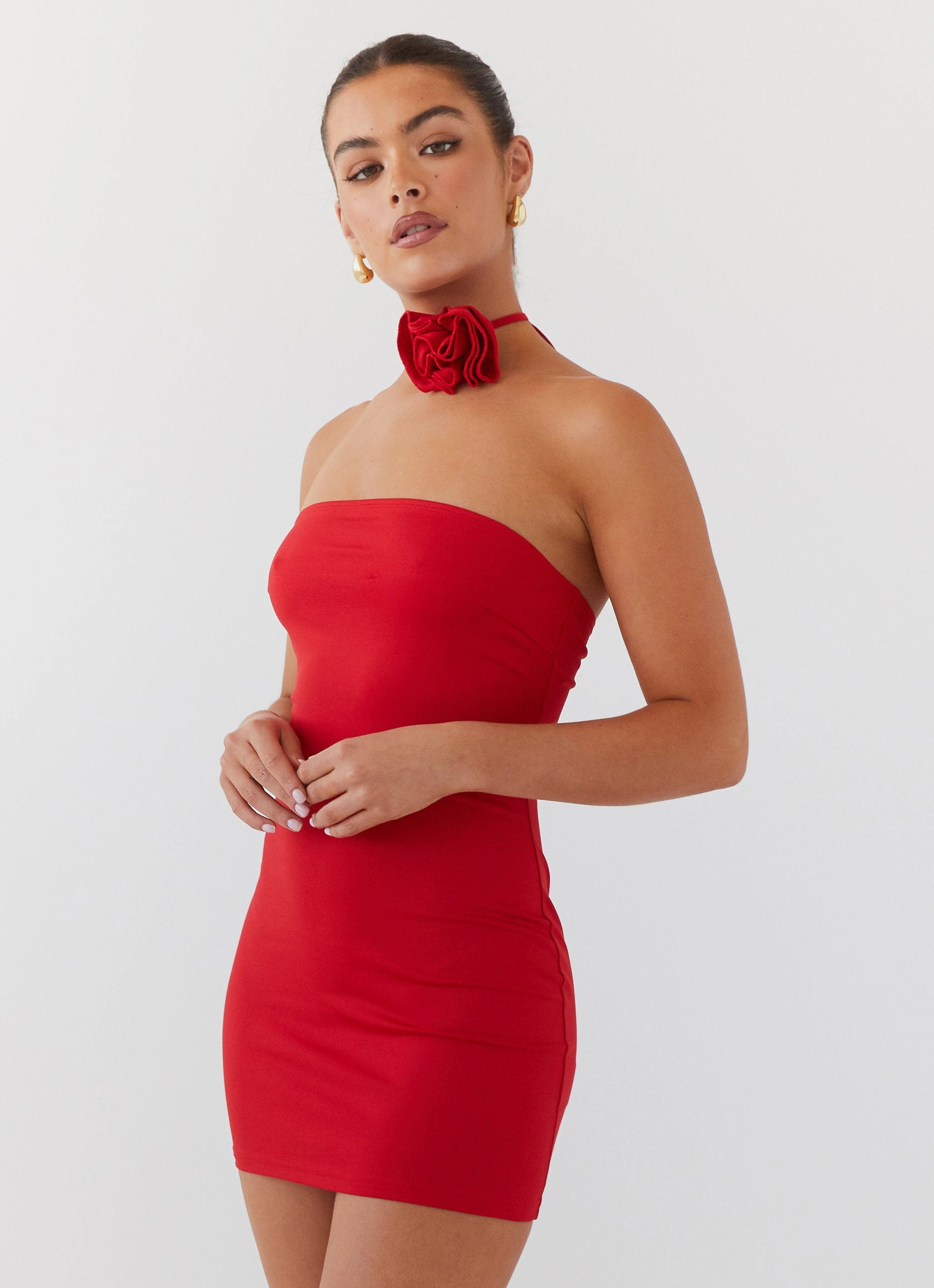 Ruby Glamour Rose Mini Dress - Rouge Red Simple Elegance