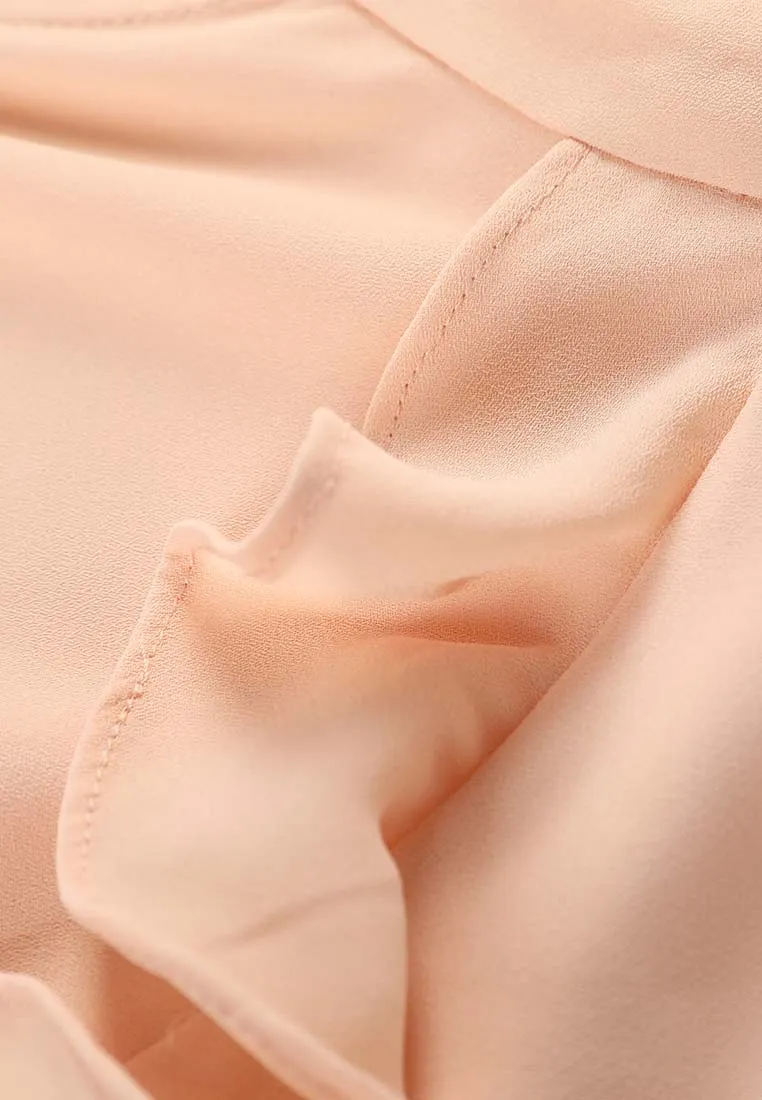 Ruffled Bow-Fastening Button Up Salmon Chiffon Top