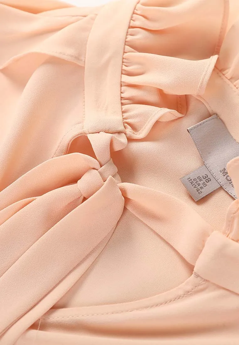 Ruffled Bow-Fastening Button Up Salmon Chiffon Top