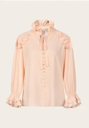 Ruffled Bow-Fastening Button Up Salmon Chiffon Top