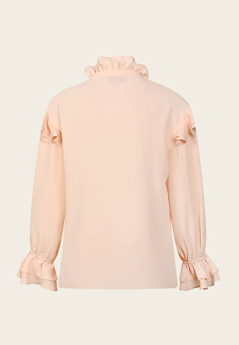 Ruffled Bow-Fastening Button Up Salmon Chiffon Top