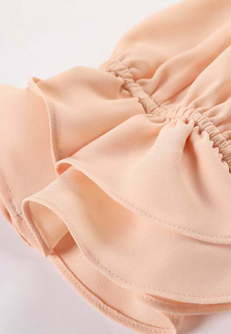 Ruffled Bow-Fastening Button Up Salmon Chiffon Top