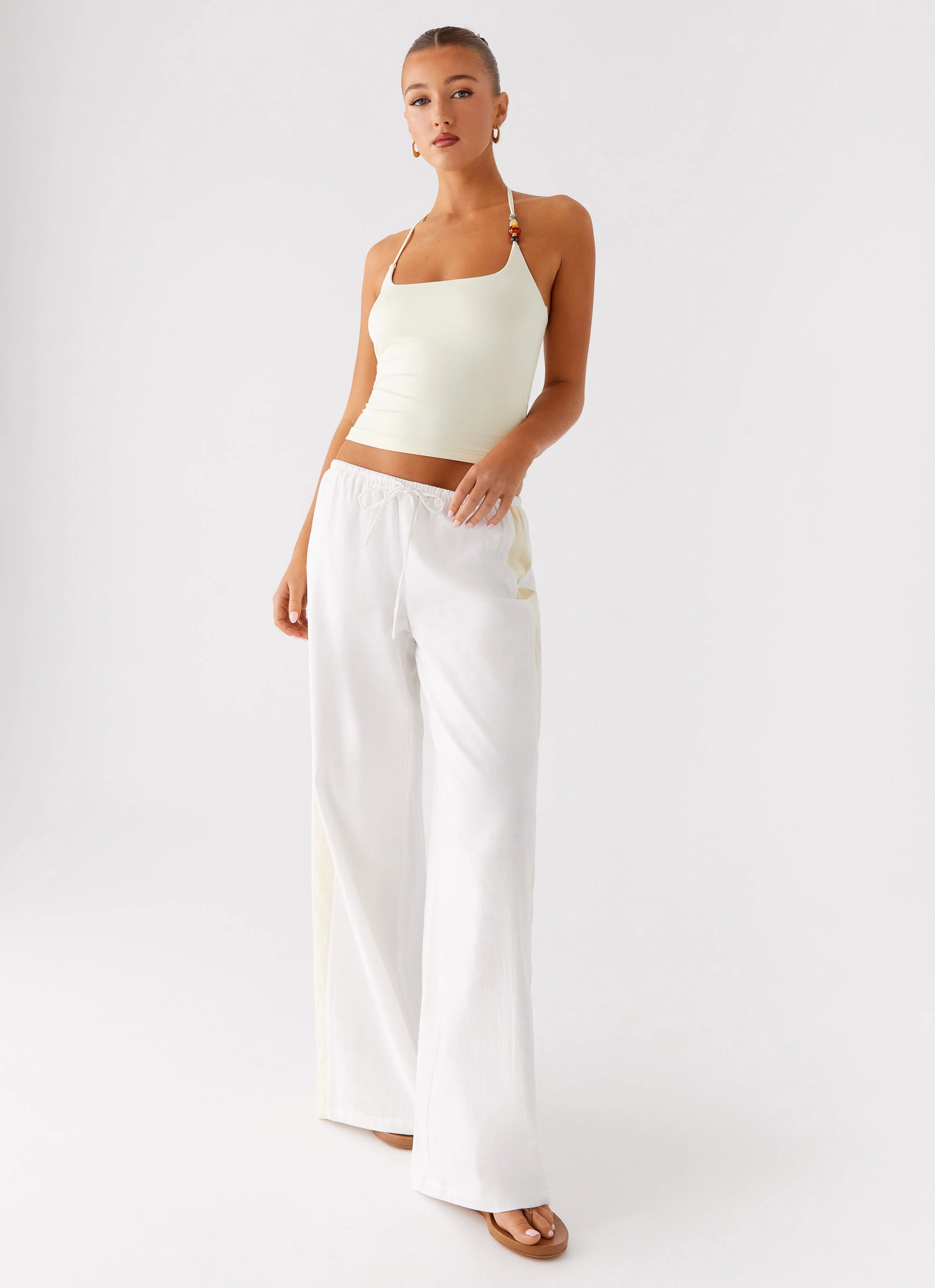 Oska Drawstring Pants - White Roomy Fit Active Comfort