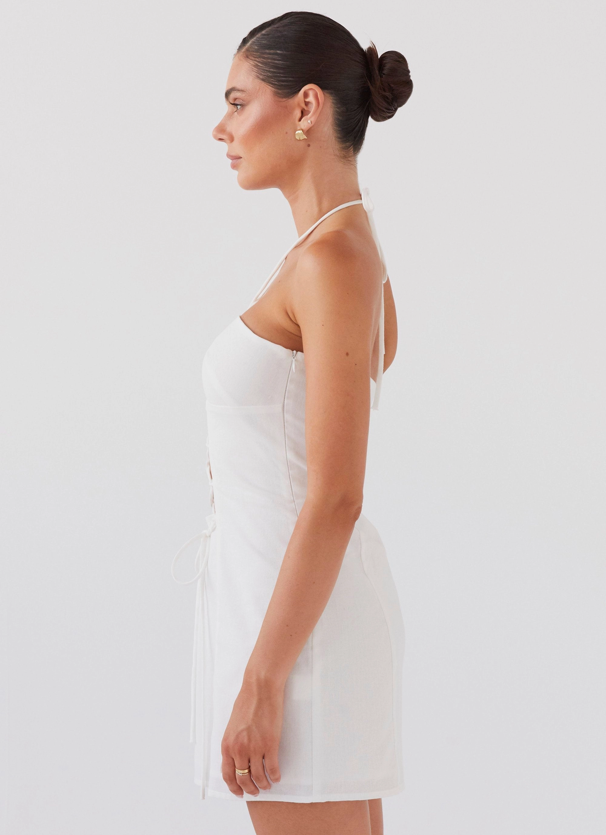 Island Echoes Linen Mini Dress - White Date night Lace-Sleeve