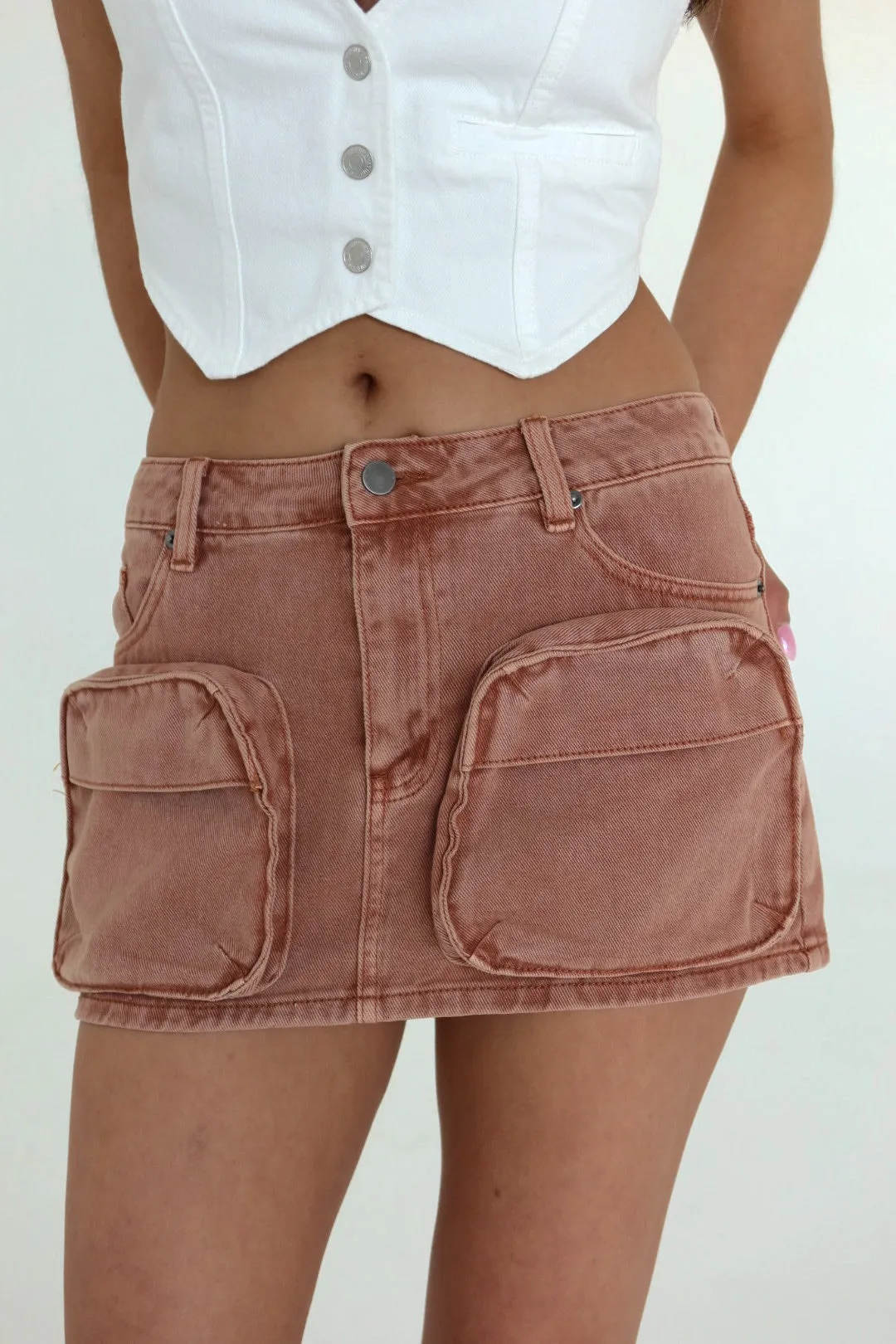 Rust Washed Cargo Denim Mini Skirt