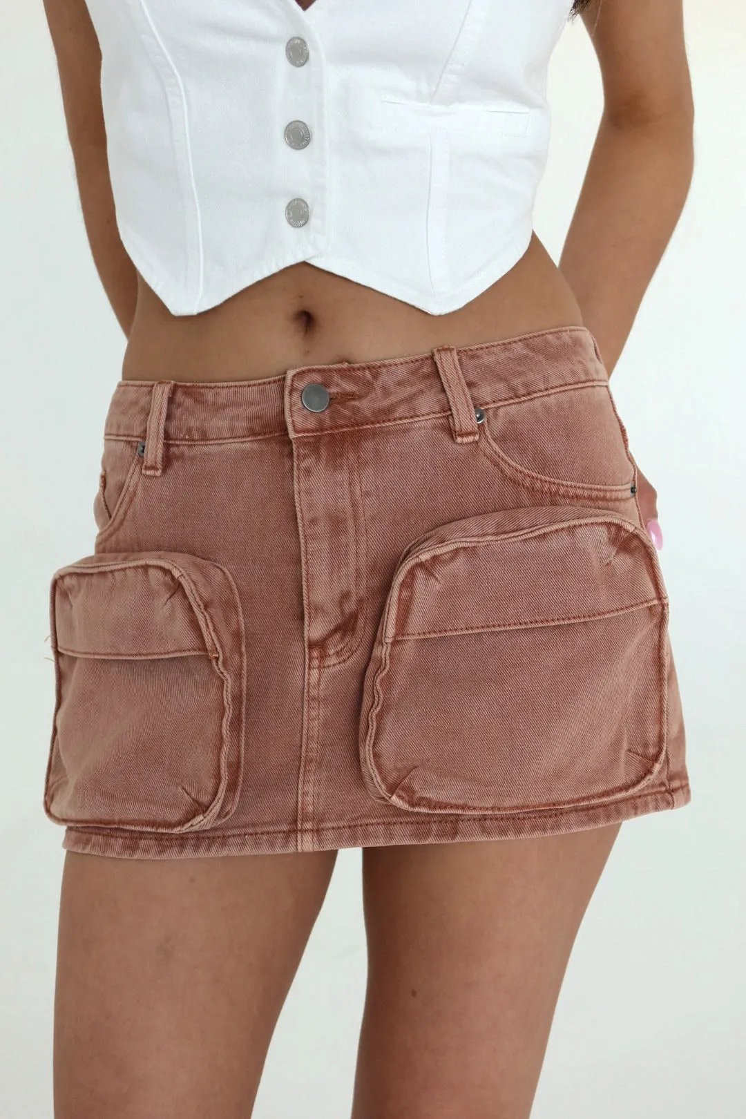 Rust Washed Cargo Denim Mini Skirt