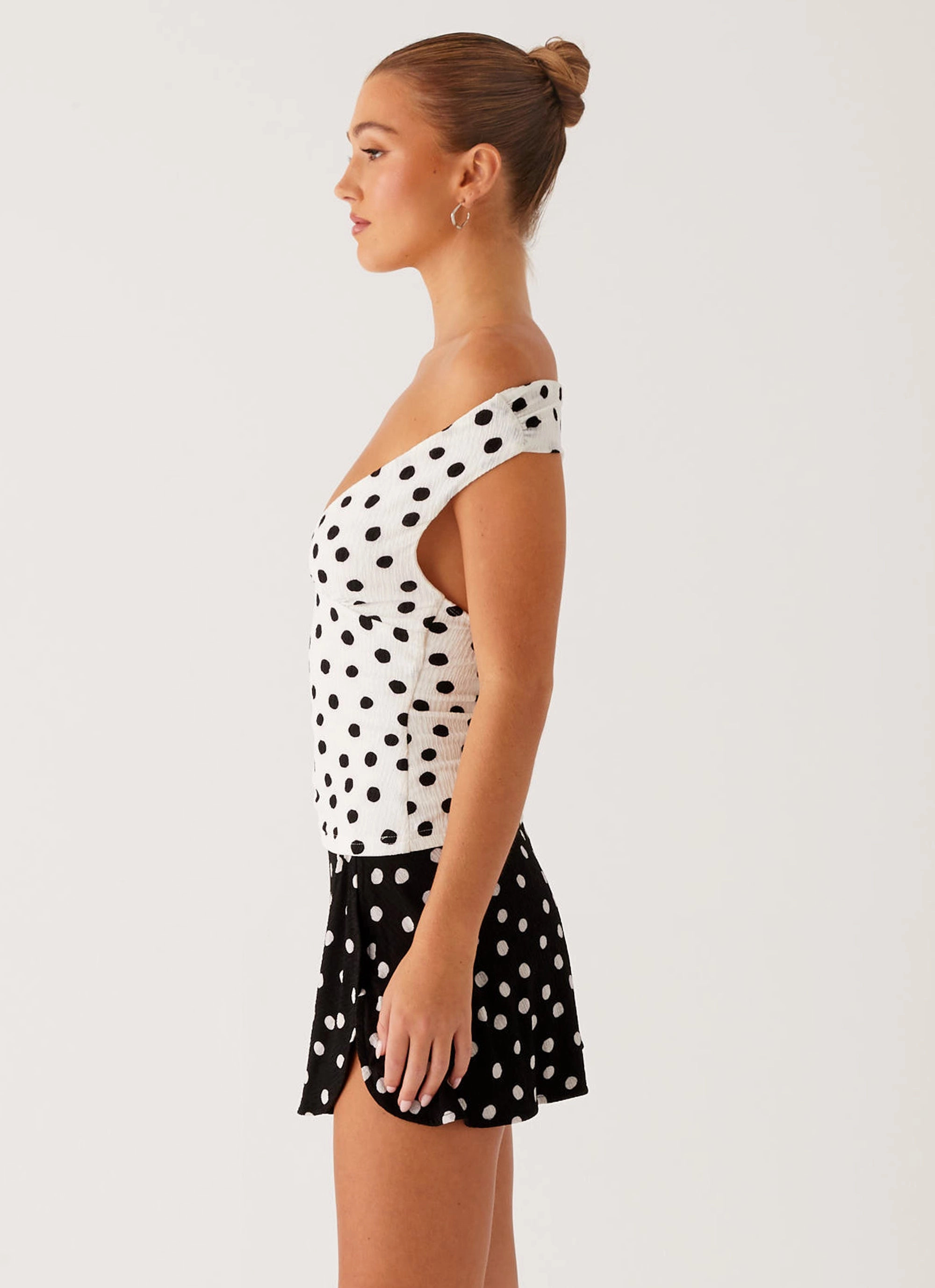 Rylie Top - White Polka Dot Neutral Tone Stitching