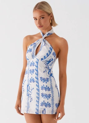 Sabine Linen Mini Dress - Floral Wave Lightweight