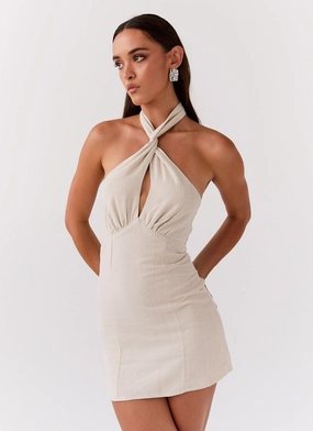 Polite Tone Soft Contour Sabine Linen Mini Dress - Oatmeal