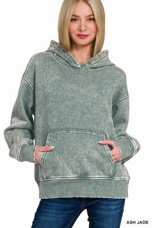 Sandra Fleece Acid Wash Kangaroo Pocket Hoodie Contrast Stitch Double Stitched Hems