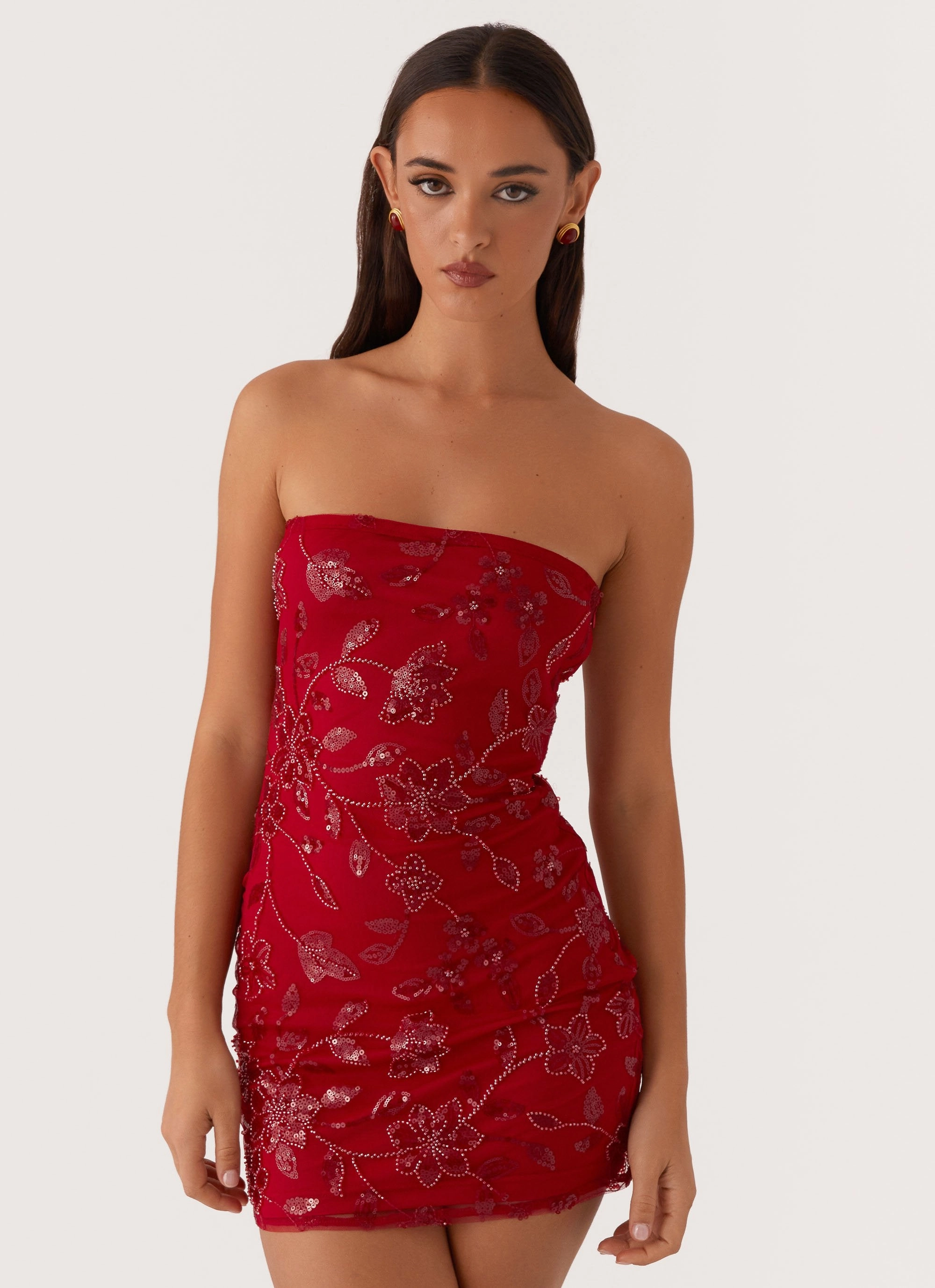 Moorey Beaded Mini Dress - Red Modern Layers Romantic Style