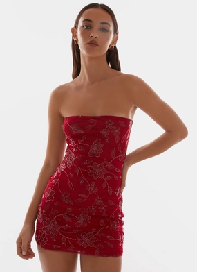 Draped Layer Functional Fit Moorey Beaded Mini Dress - Red