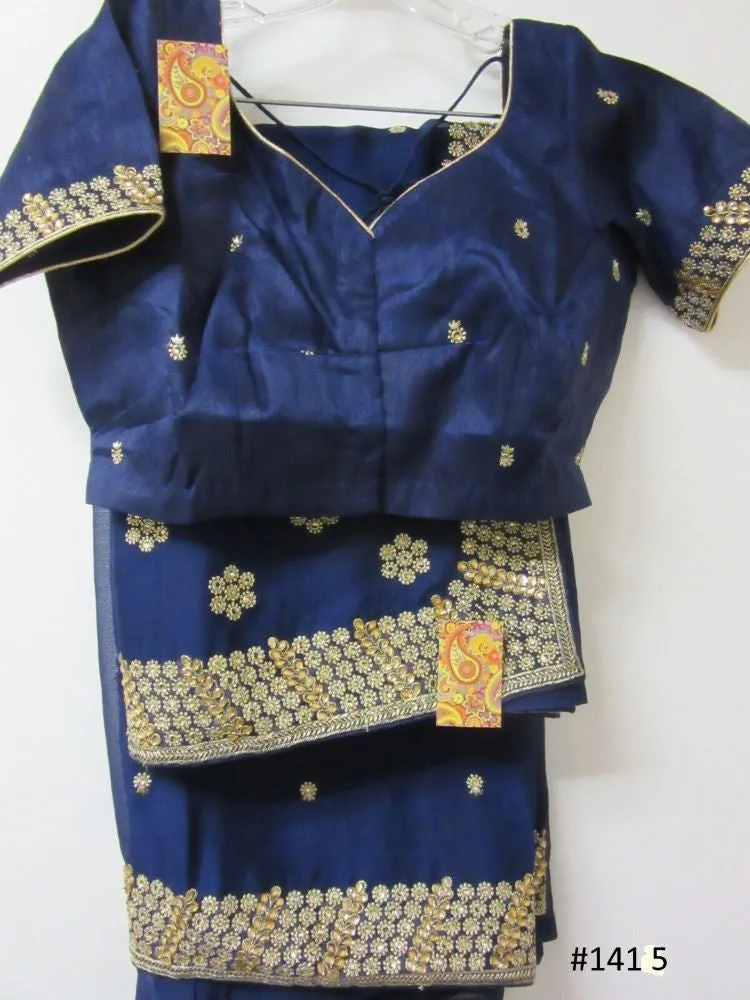 Saree 5481415 Deep Blue Chiffon Georgette Gold Zari Crystals Saree