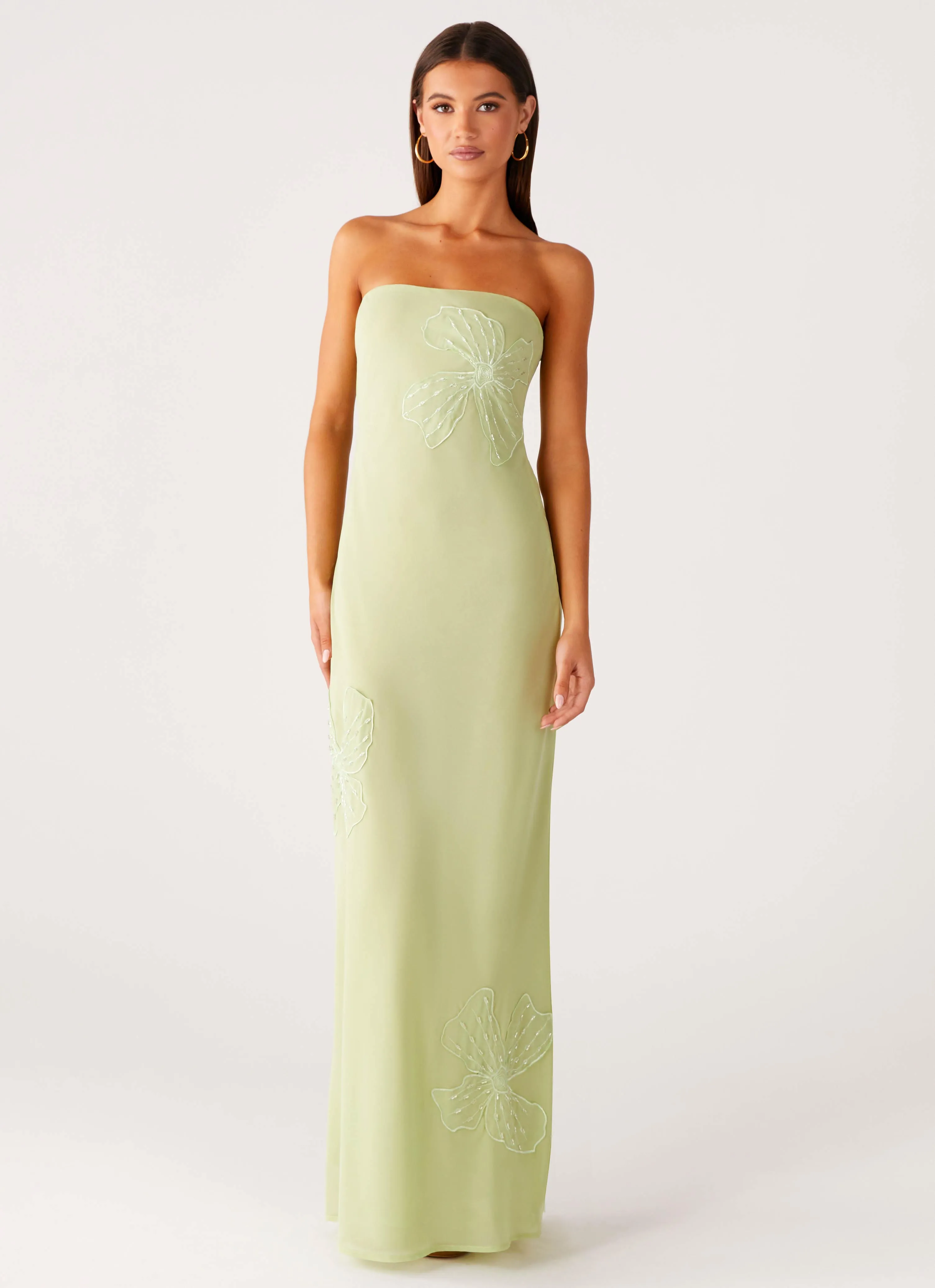 Evening Look Calm Touch Sassafras Beaded Flower Strapless Maxi Dress - Lime
