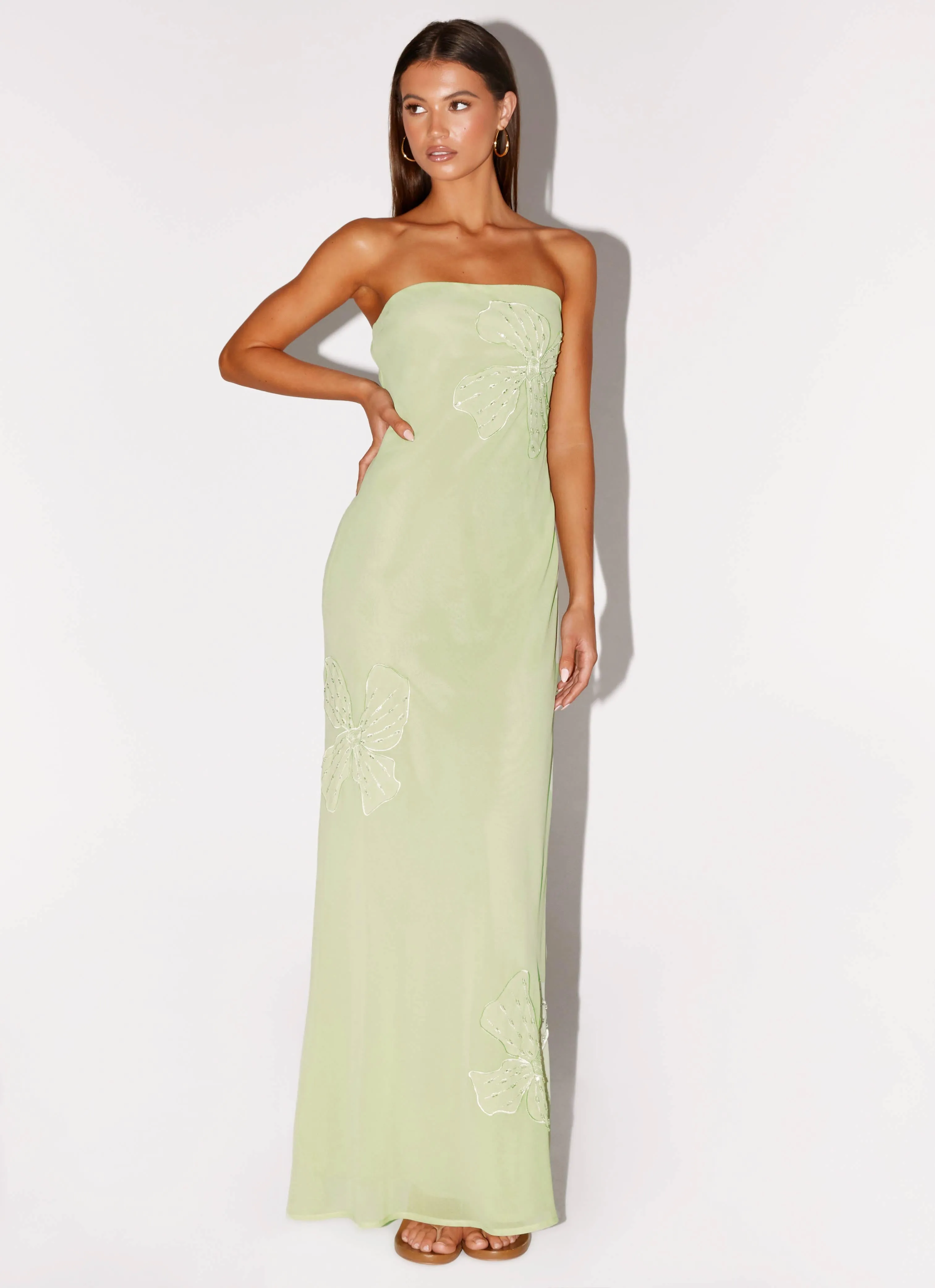 Stylish Wear Sassafras Beaded Flower Strapless Maxi Dress - Lime