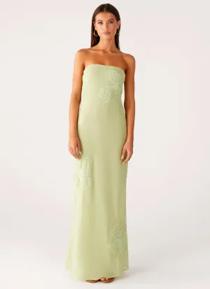 Cozy Tones Empire Waist Sassafras Beaded Flower Strapless Maxi Dress - Lime