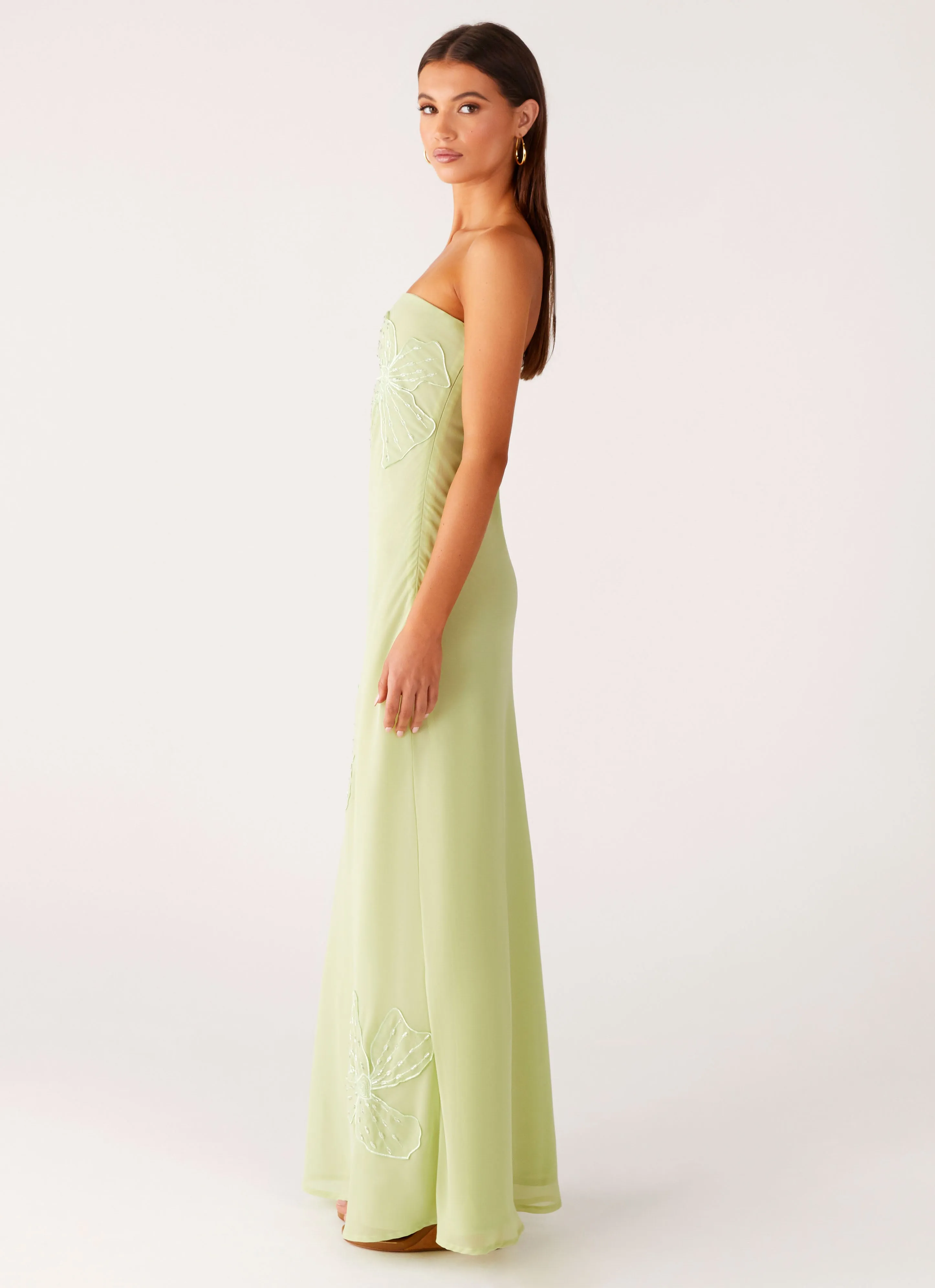 Sassafras Beaded Flower Strapless Maxi Dress - Lime Soft Flow
