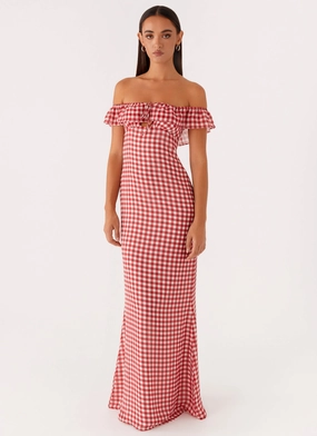 Scarlet Cherry Maxi Dress - Red Gingham Soft touch evening dress Feminine Details