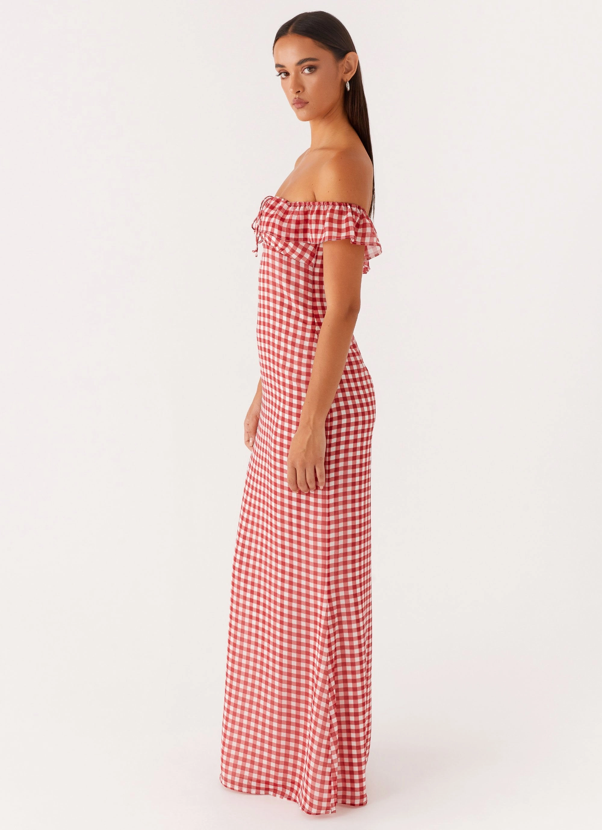 Scarlet Cherry Maxi Dress - Red Gingham Sunset Scene