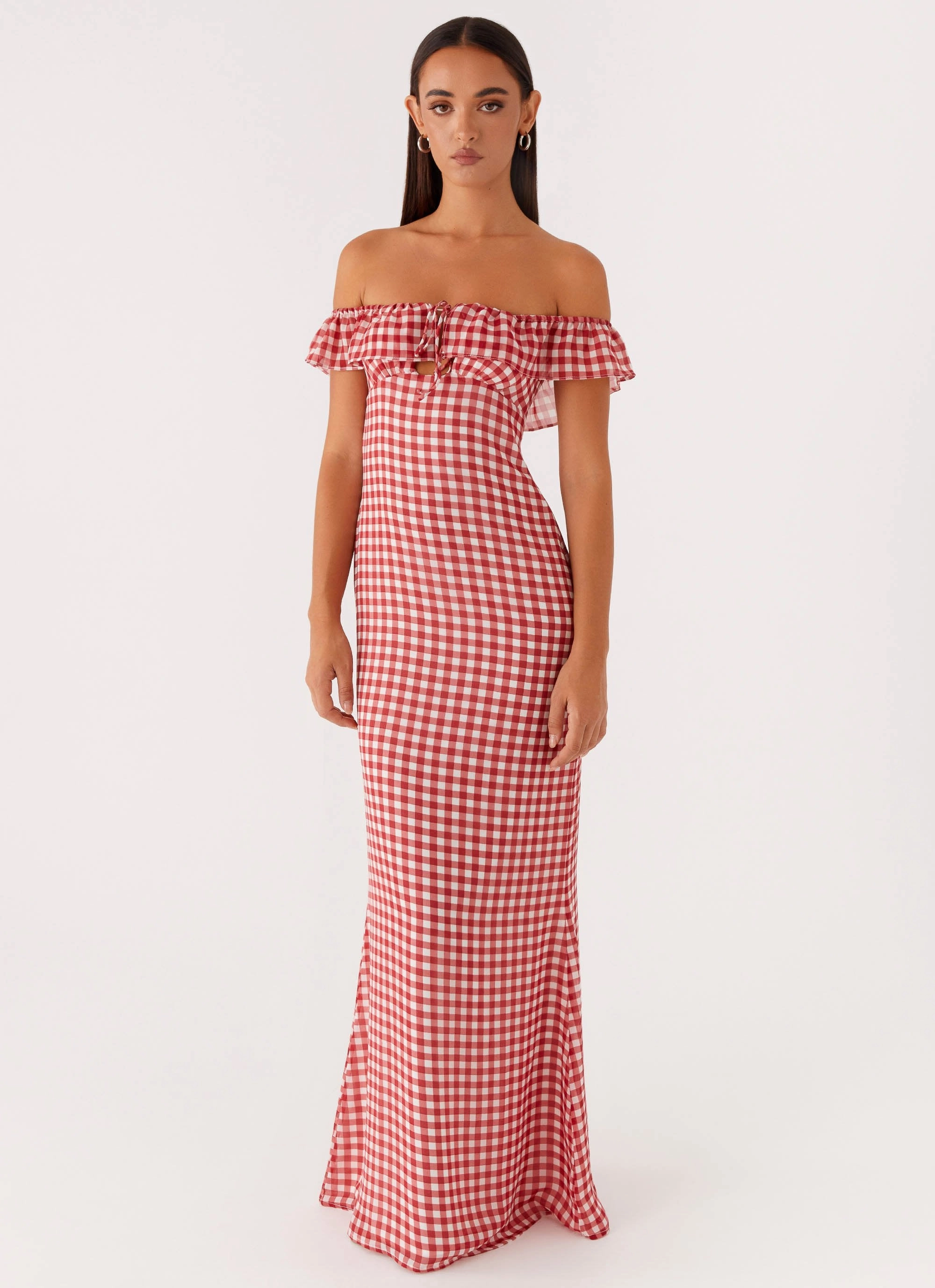 Scarlet Cherry Maxi Dress - Red Gingham Soft touch evening dress Feminine Details