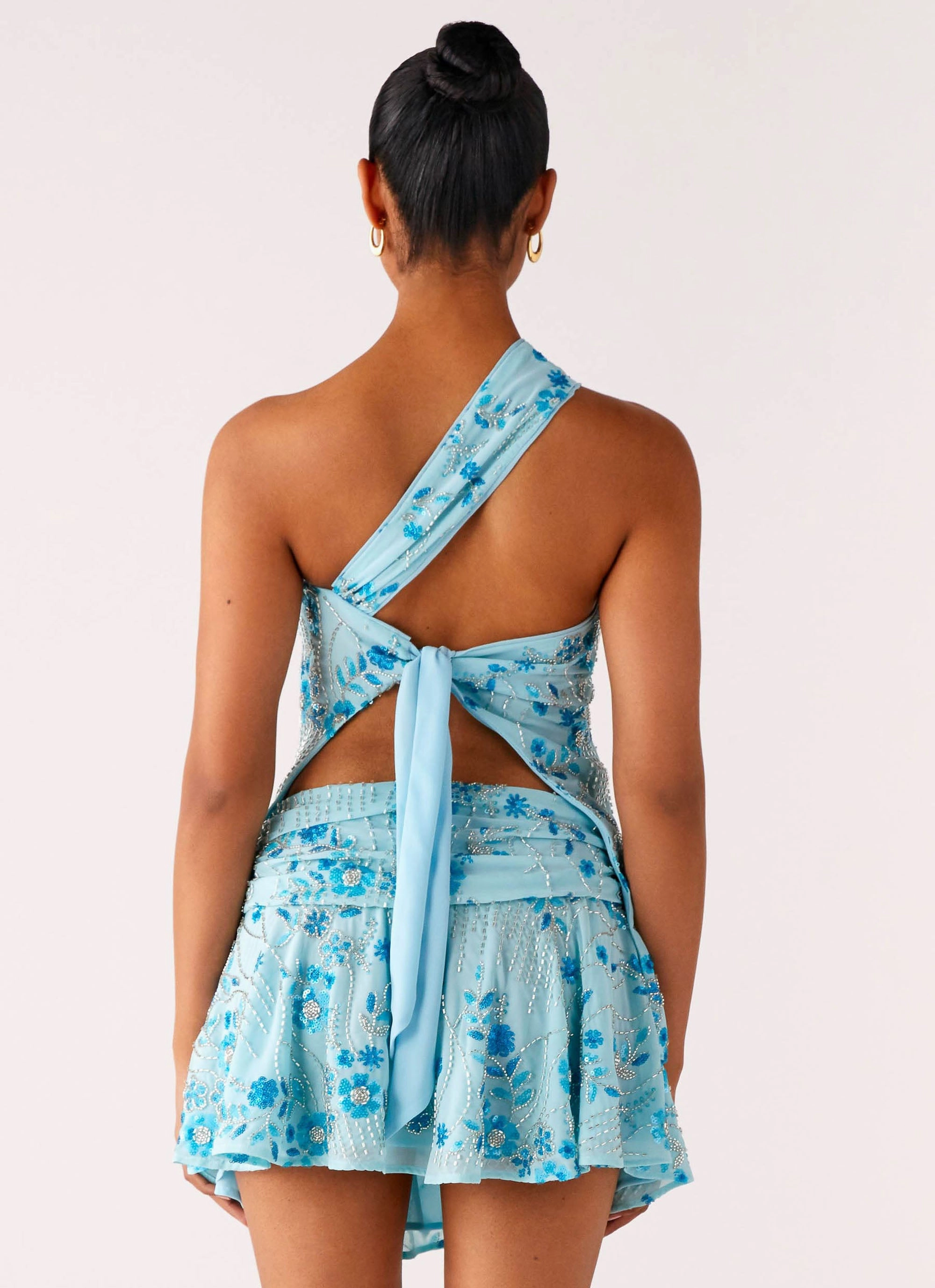 Soft Texture Delight Me Beaded Asymmetrical Top - Blue