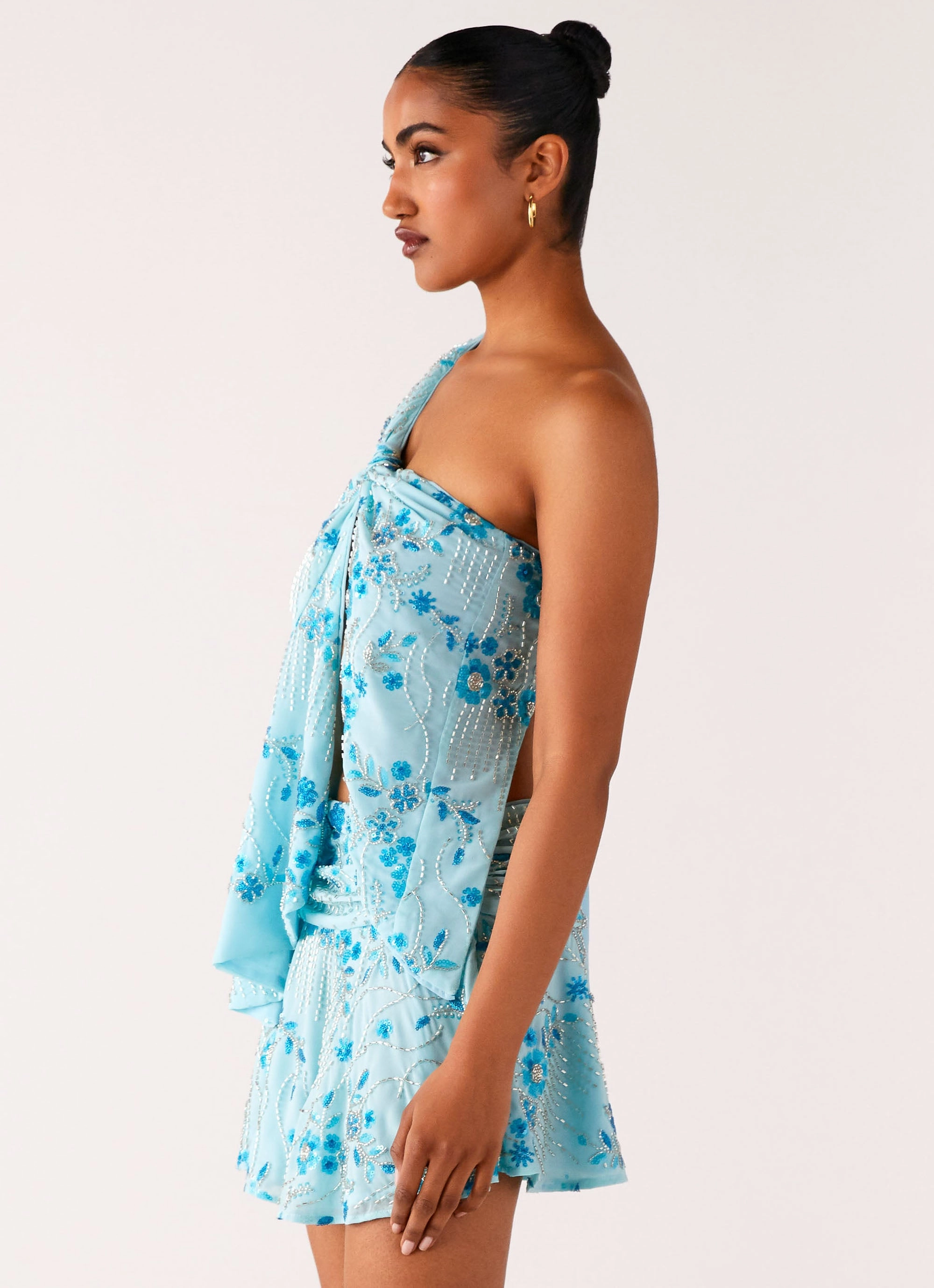 Durable Hem Stitching Delight Me Beaded Asymmetrical Top - Blue