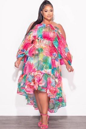 LightweightDesign Final Sale Plus Size 2pc Chiffon Cold Shoulder 2pc Set with Ruffle Skirt Set in Fuchsia Print