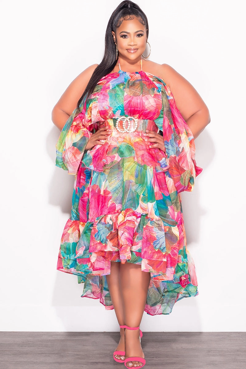 Fade Resistant Dye Air Circulation Final Sale Plus Size 2pc Chiffon Cold Shoulder 2pc Set with Ruffle Skirt Set in Fuchsia Print