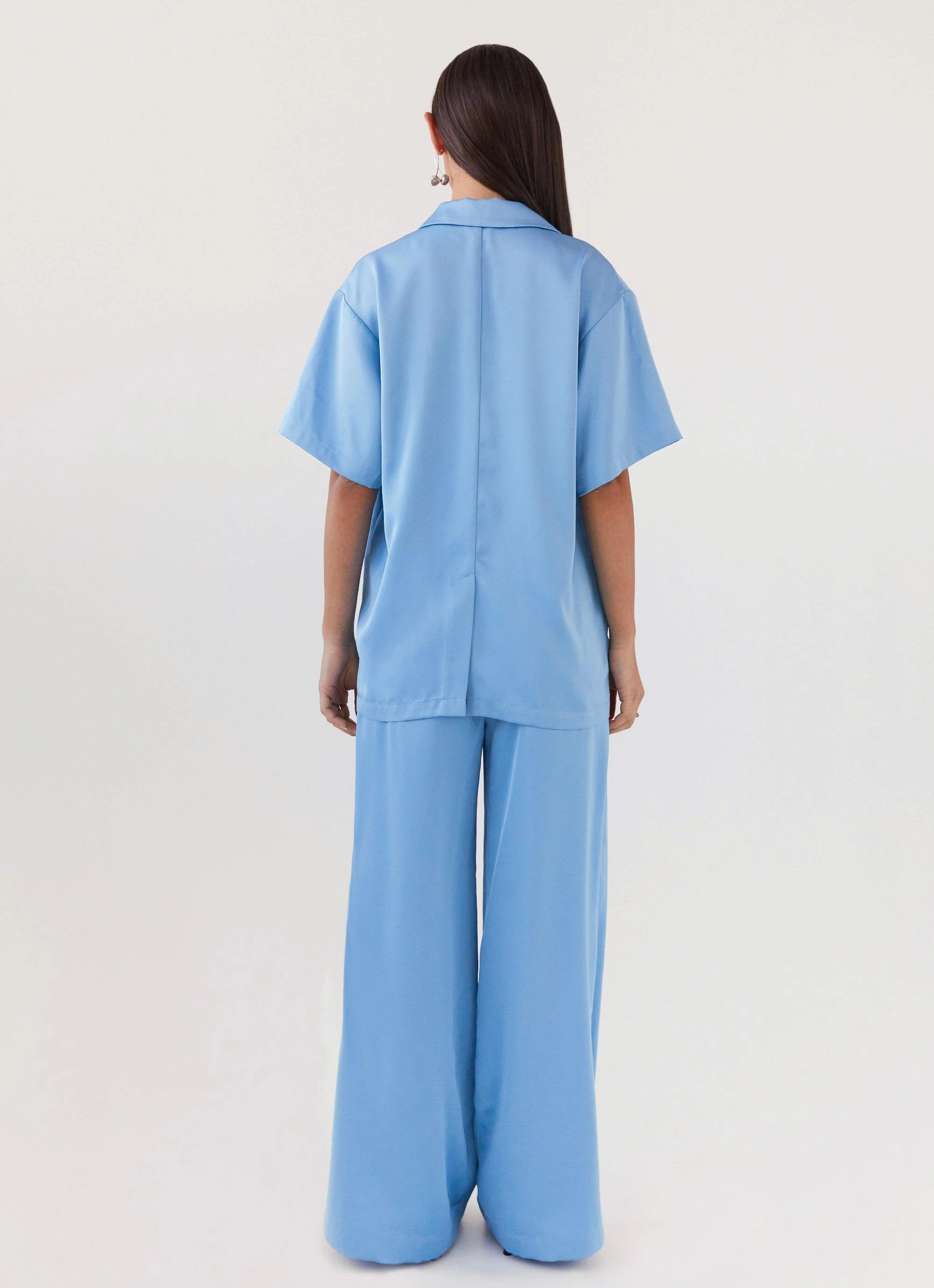 Convertible styles Fleece Inside Brinkley Oversized Satin Shirt - Sky Blue
