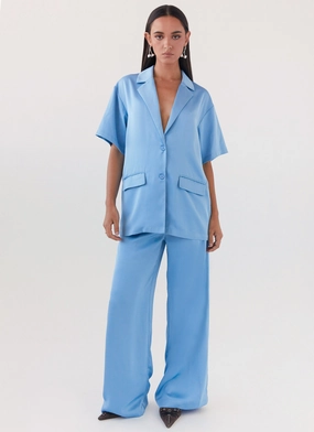 DualLayer Weave Water resistant coating Brinkley Oversized Satin Shirt - Sky Blue