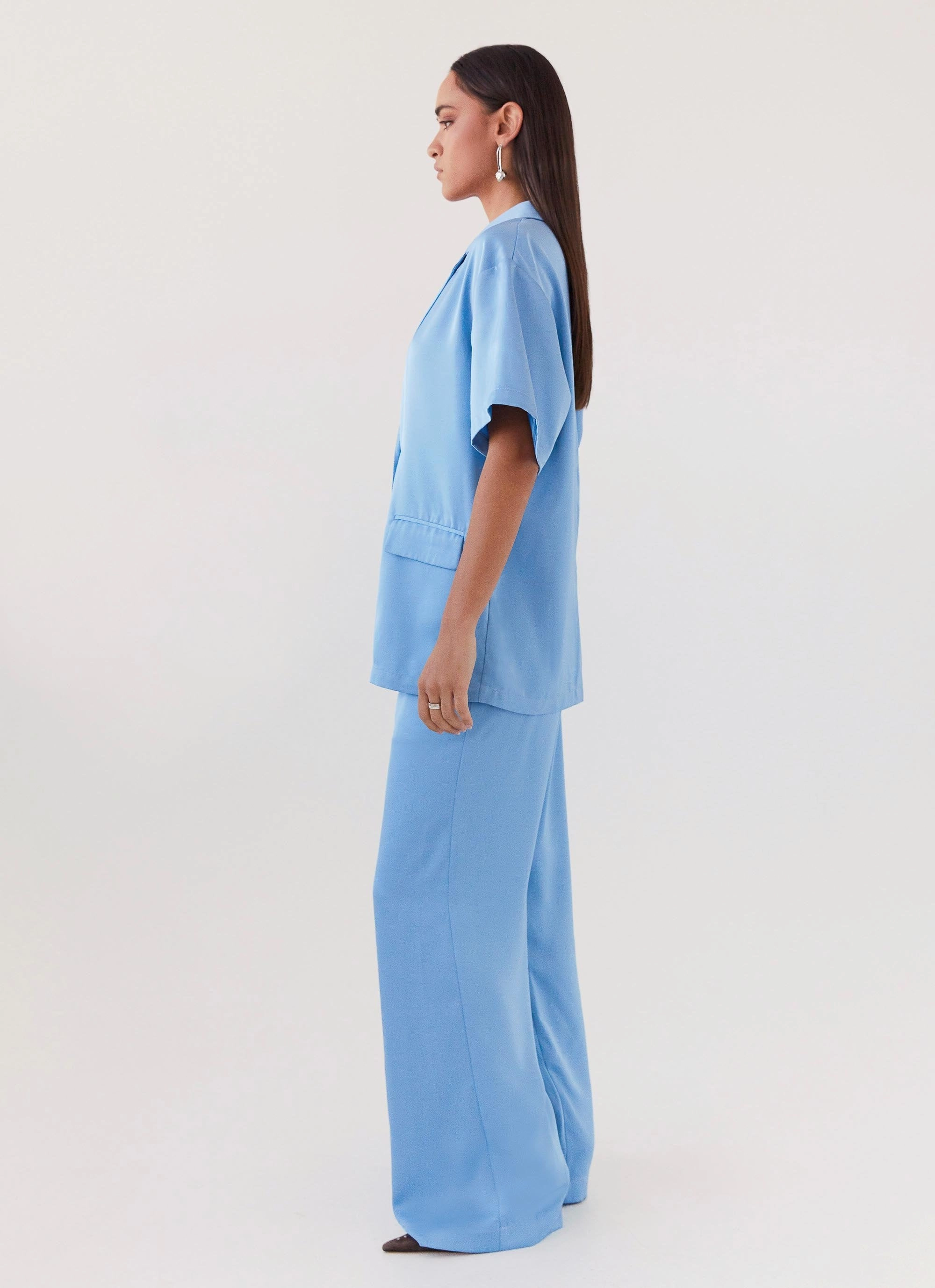 Brinkley Oversized Satin Shirt - Sky Blue AdjustableHood