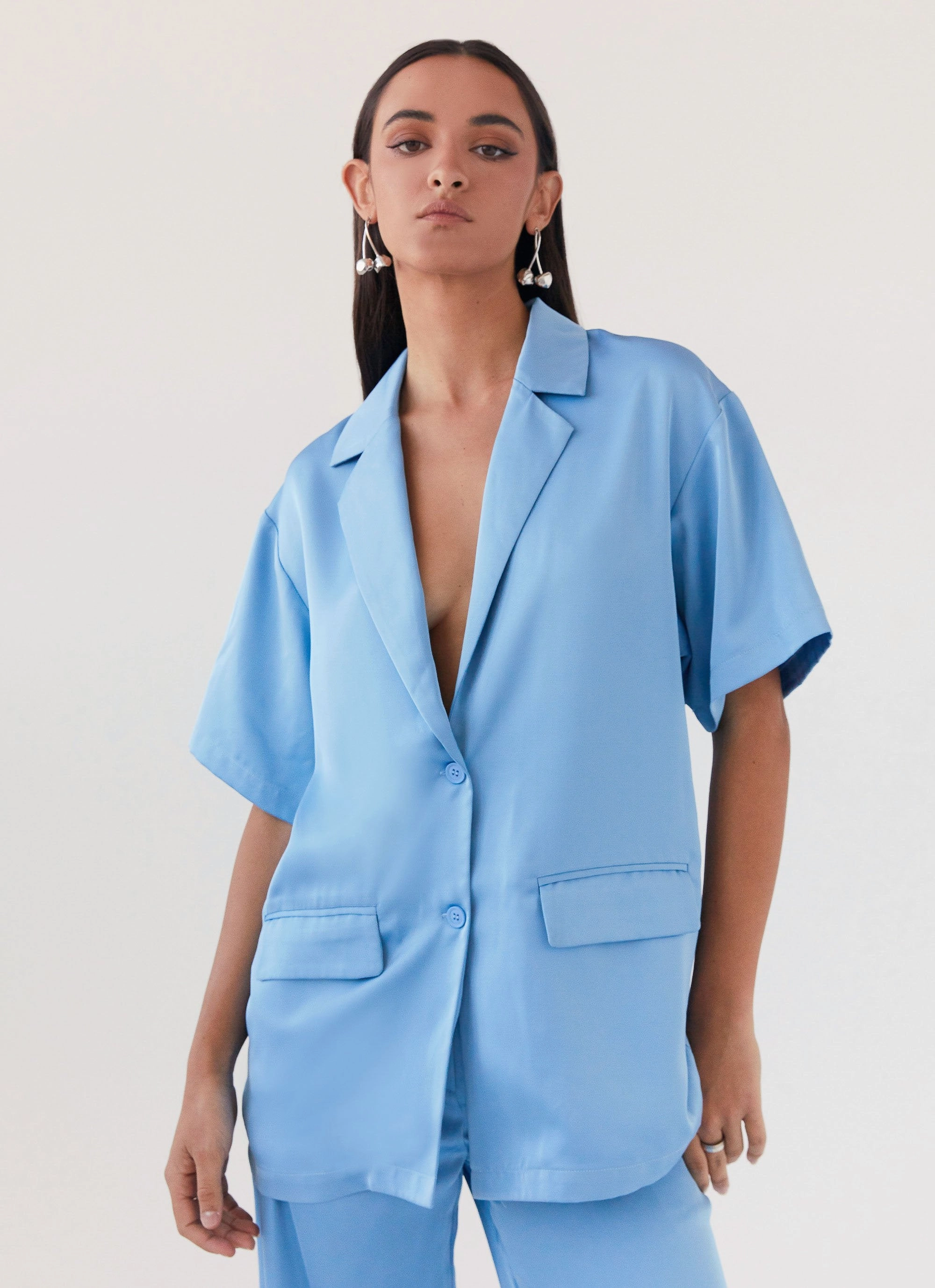 Brinkley Oversized Satin Shirt - Sky Blue Classic Fit Cut