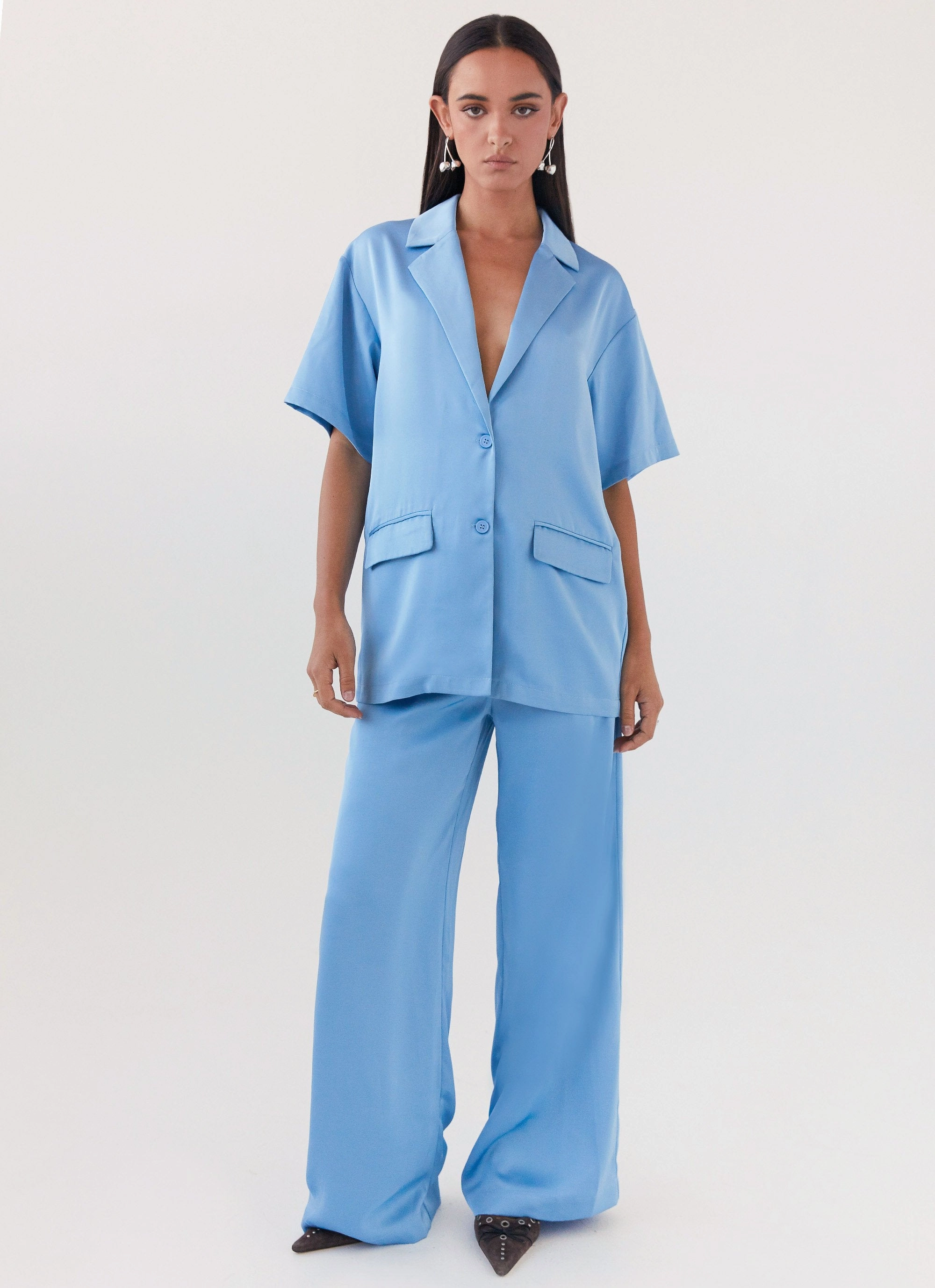 DualLayer Weave Water resistant coating Brinkley Oversized Satin Shirt - Sky Blue