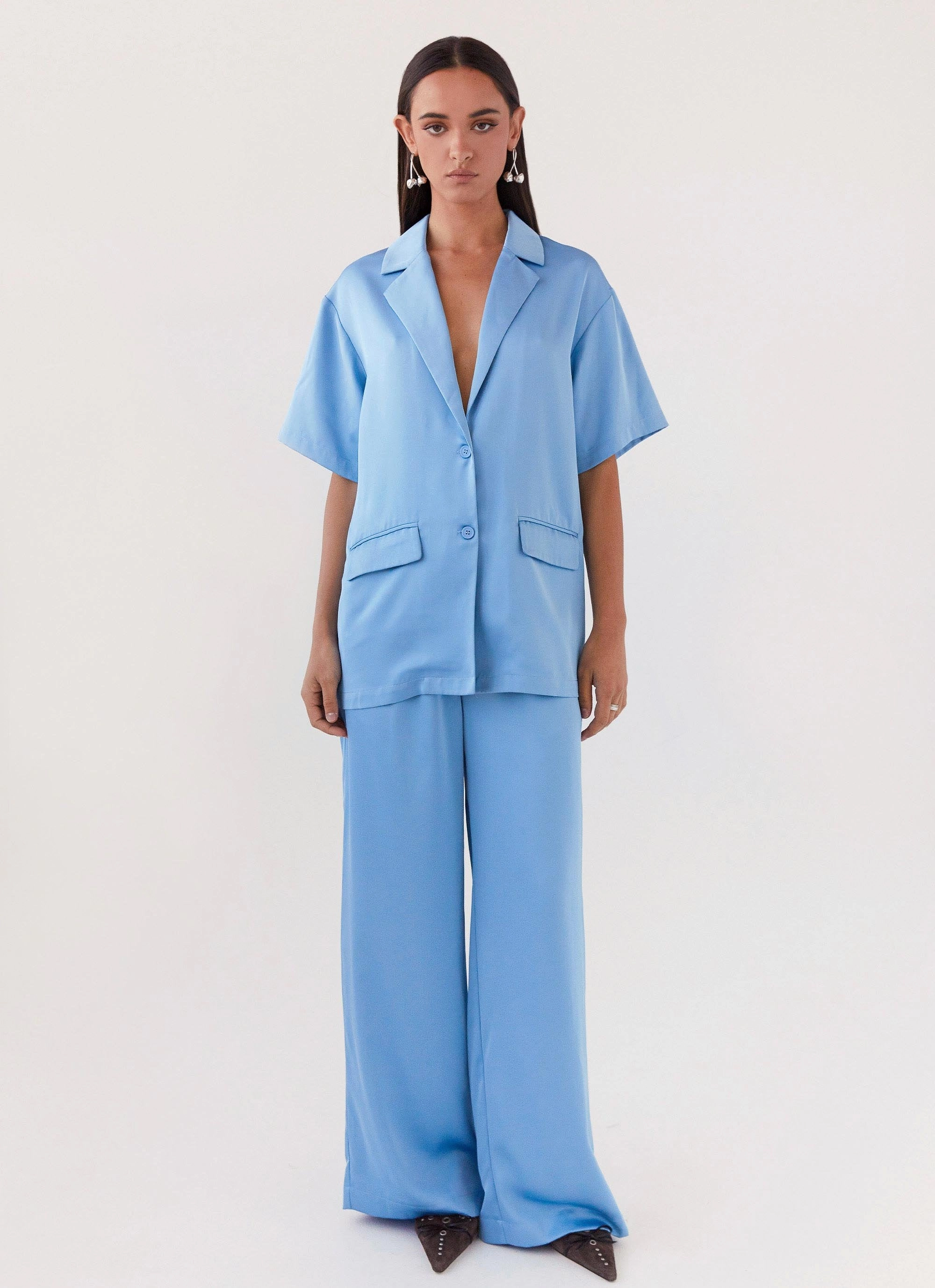 Brinkley Oversized Satin Shirt - Sky Blue Tailored Cut Style MultiAngleVentilation