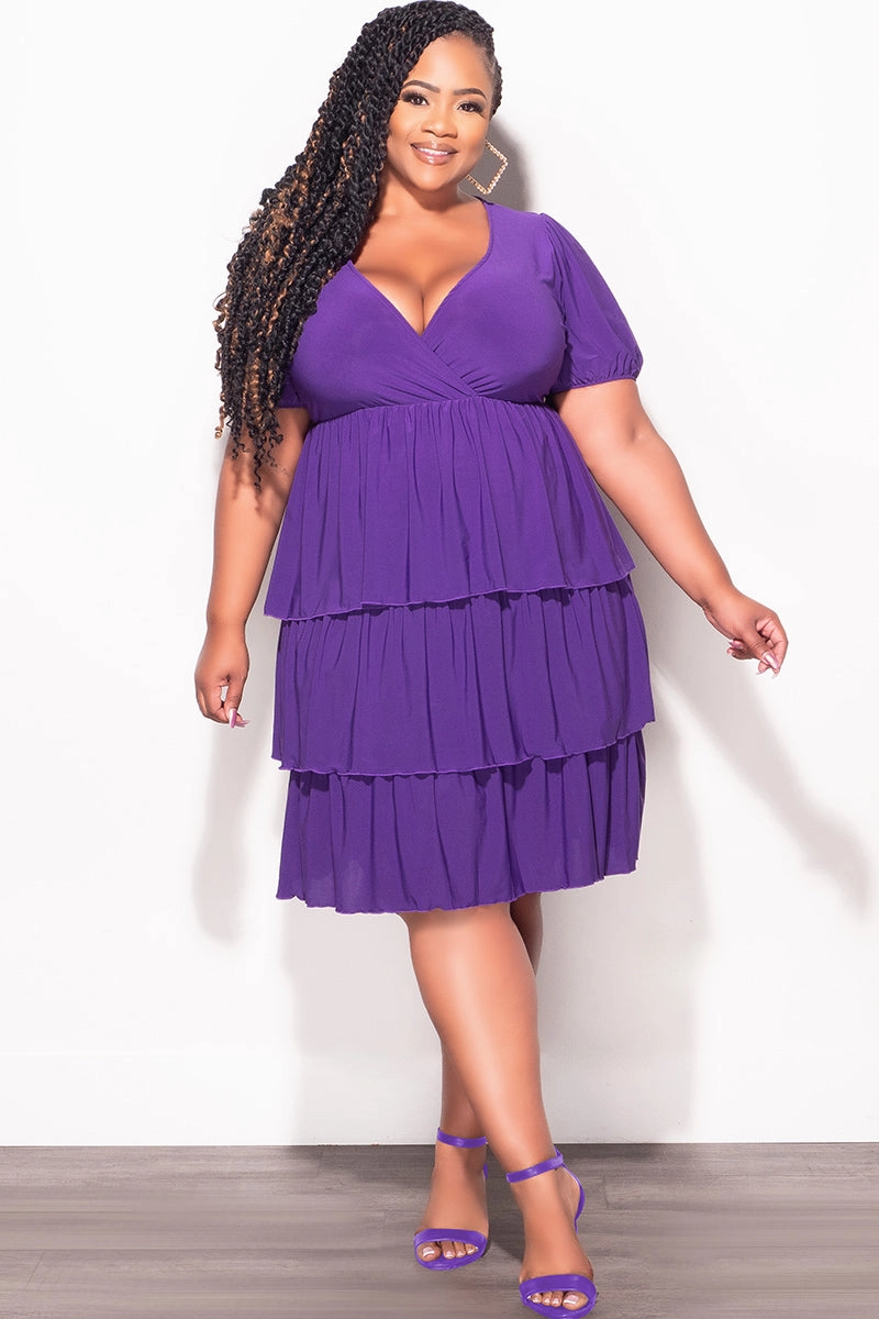 Final Sale Plus Size Faux Wrap Layered Ruffle Dress in Purple Trendy Waist Minimal Waist