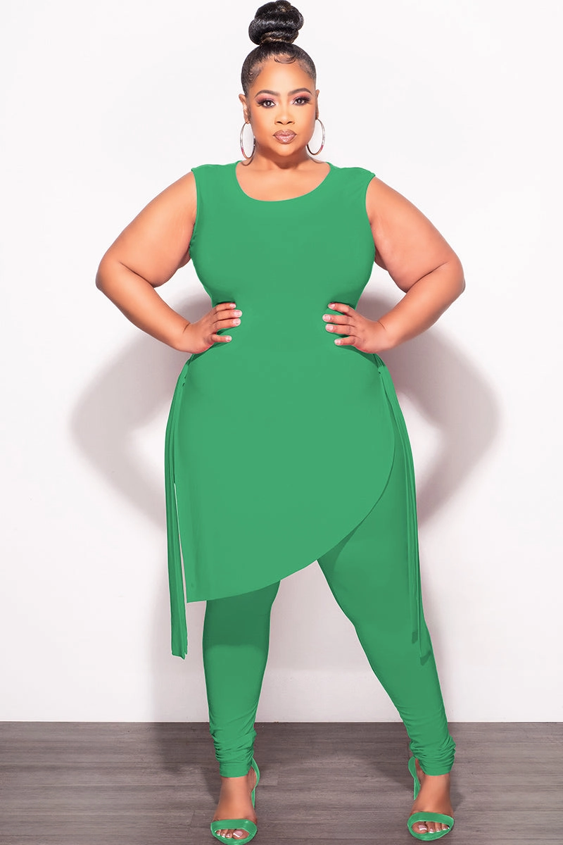 Casual Comfort Wear Slimline Fit Final Sale Plus Size 2pc Sleeveless Top and Pants Set in Green